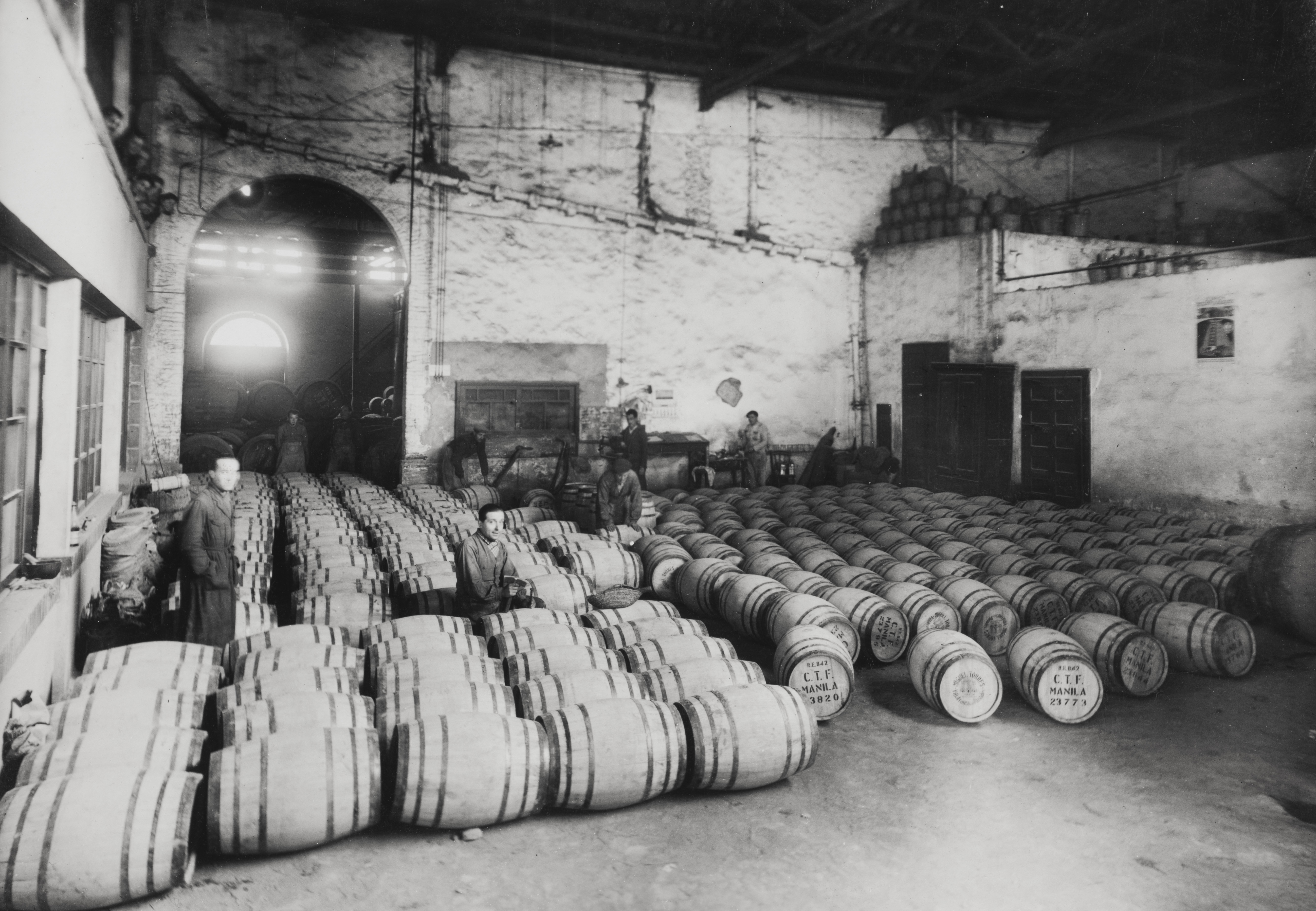 Década de 1930. Nave para la crianza de los vinos en la bodega de Vilafranca del Penedès, con barricas de 225 litros y conos o grandes cubas de madera de 125.000 litros de capacidades. 